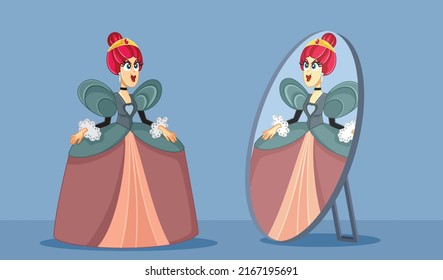 
Evil Queen Looking in the Mirror Vector Cartoon Illustration. Narcissistic fairy tale character checking her looks feeling arrogant and vain
