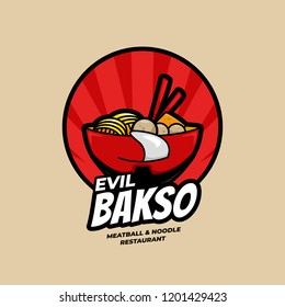 Evil Ramen Bakso Meatball and Noodle Restaurant bowl with face logo symbol icon illustration