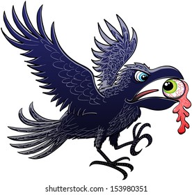 Evil raven extending and flapping its wings for landing after having ripped and stolen a green eyeball, which keeps perplex staring at the raven, with its powerful beak