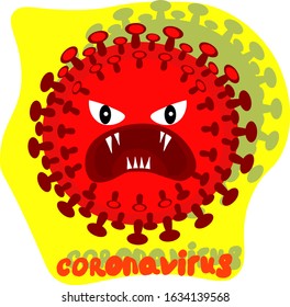evil red bacterium coronavirus with eyes, mouth and sharp fangs . Dangerous epidemic illustration. Colorful disease icon 2019-nCov. Asian flu concept. 