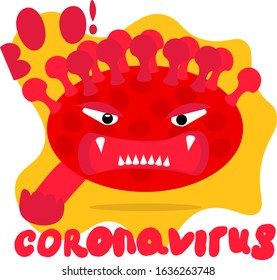 evil red bacterium coronavirus with eyes, mouth and sharp fangs . Dangerous epidemic illustration. Colorful disease icon 2019-nCov. Asian flu concept. 
