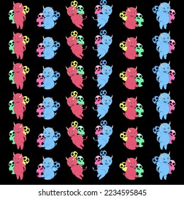 Evil red and blue devil cartoon cute horned on black background 