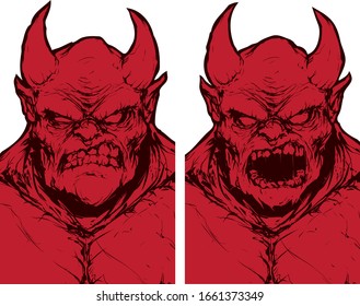 an evil red demon. a devil with horns screams furiously