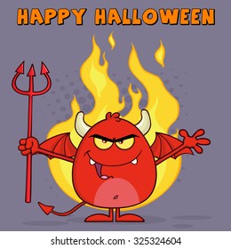 Evil Red Devil Cartoon Character Holding A Pitchfork Over Flames. Vector Illustration Greeting Card