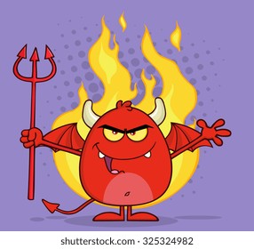 Evil Red Devil Cartoon Character Holding A Pitchfork Over Flames. Vector Illustration With Background