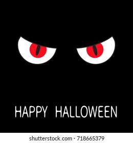 Evil Red eyes in dark night. Angry cartoon character head face. Happy Halloween Greeting card. Flat design. Black background. Vector illustration