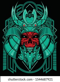 evil red green samurai robot helmet with sacred geometry background