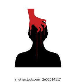 Evil red hand scratching human face vector illustration. Devil hand clawing face icon isolated on a white background. Person with mental illness abstract symbol. Mental disorder abstract head drawing