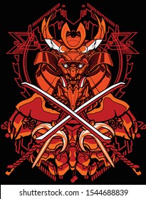 evil red samurai robot helmet with cross katana sacred geometry background