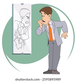 Evil reflection in mirror it scares fear man. Funny people. Illustration concept template for website, web landing page, banner, presentation, social, poster, promotion or print media.