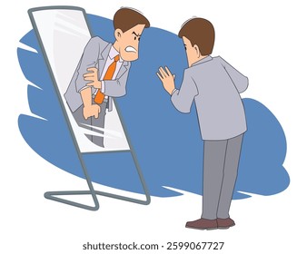 Evil reflection in mirror it scares fear man. Funny people. Illustration concept template for website, web landing page, banner, presentation, social, poster, promotion or print media.