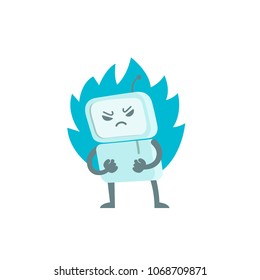 Robot malvado en la ira con los puños y el fuego. Troll de bots de virus de personaje. Enfurecido ordenador. Stock de Ilustración vectorial de color plano