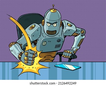 El malvado jefe del robot golpea la mesa con su puño. Emociones en la oficina. Patrón enojado Pop Art Retro Vector Ilustración 50s estilo vintage kitsch