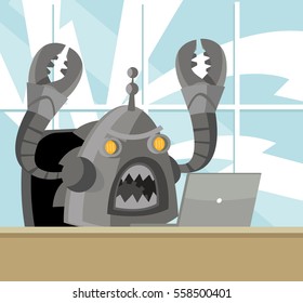 Evil Robot Bot Using A Computer In The Office