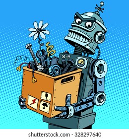Evil robot comes to work pop art retro style. The danger of new technologies