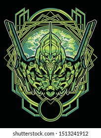 evil robot samurai with sacred geometry
