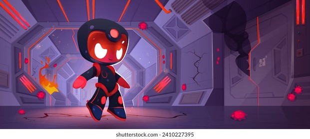 Evil robot in space ship with fire and flame. Vector cartoon illustration of astronaut character with angry face, red bugs on cracked walls, malware danger, hacker attack, cyber security threat