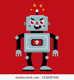 An evil robot that has broken. bad behavior. Flat character vector illustration.