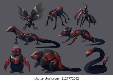 Evil robots animals wasp, spider, mantis, lizard, penguin, beaver, rat and snake mechanical monsters. Cyborgs insects, birds and mammal with glowing red eyes Cartoon wicker cyber machines, Vector set