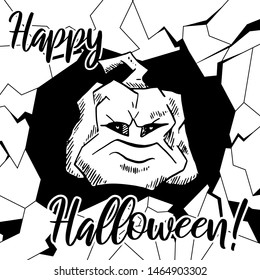 evil round pumpkin appears from a crack in the wall. Happy Halloween Text. Poster. Vector