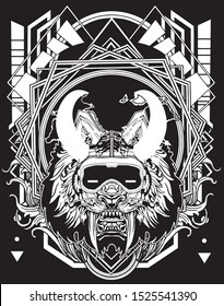 evil saber tooth tiger robot cybernetic black and white with sacred geometry background for tshirt design