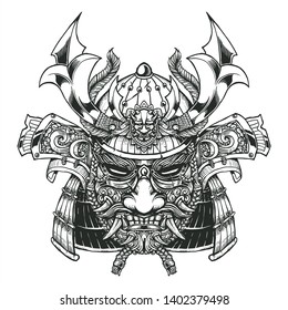 evil samurai head and mask with full decorative helmet and floral mask line art illustration