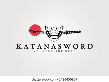 samurái malvado con katana espada logo vector ilustración vintage 