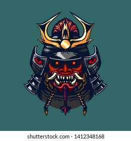 Evil Samurai Mask. Demonic face. Tattoo illustration