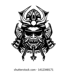 Evil Samurai Mask. Demonic face. Tattoo illustration