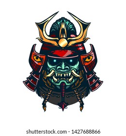 Máscara malvada de Samurai. Cara demoníaca. Ilustración tatuada