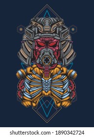 evil samurai robot head against holy katana cross geometry background