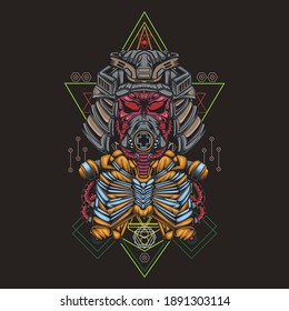 evil samurai robot head against holy katana cross geometry background