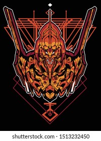 evil samurai robot with sacred geometry background for tshirt design