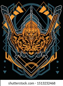 evil samurai robot with sacred geometry background for tshirt design