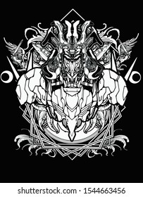 evil samurai robot warrior with future background t shirt design 