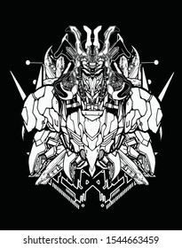 evil samurai robot warrior with future background t shirt design 