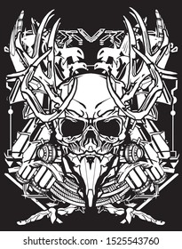 evil samurai skull robot cybernetic black and white with sacred geometry background for tshirt design