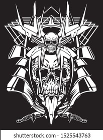 evil samurai skull robot cybernetic black and white with sacred geometry background for tshirt design