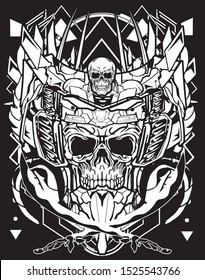 evil samurai skull robot cybernetic black and white with sacred geometry background for tshirt design