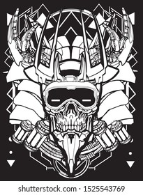 evil samurai skull robot cybernetic black and white with sacred geometry background for tshirt design