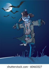 Evil scarecrow under the moon, night background, cartoon vector illustration