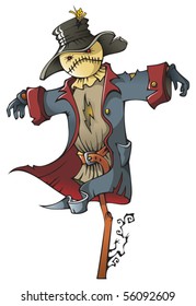 Evil scarecrow wearing old military uniform, cartoon vector illustration