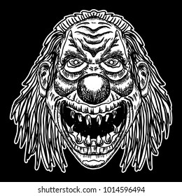 Evil scary clown monster with big nose and sharp teeth. Blackwork adult flesh tattoo concept. Horror cartoon illustration isolated on black background. Laughing angry insane joker head. Vector.