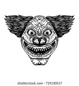 Evil scary clown monster with big nose and sharp teeth. Horror cartoon illustration isolated on white background. Vector.