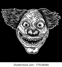 Evil scary clown monster with big nose and sharp teeth. Blackwork adult flesh tattoo concept. Horror cartoon illustration isolated on black background. Laughing angry insane joker head. Vector.