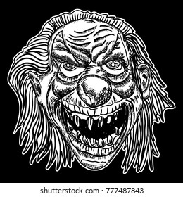 Evil scary clown monster with big nose and sharp teeth. Blackwork adult flesh tattoo concept. Horror cartoon illustration isolated on black background. Laughing angry insane joker head. Vector.