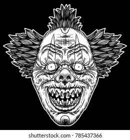 Evil scary clown monster with big nose and sharp teeth. Blackwork adult flesh tattoo concept. Horror cartoon illustration isolated on black background. Laughing angry insane joker head. Vector.