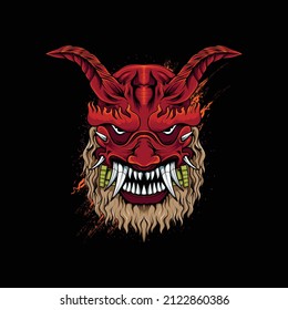 evil and scary japanese oni mask illustration for t-shirt design and print