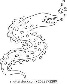 an evil, scary moray eel with sharp teeth, hand drawn with black brush on white background