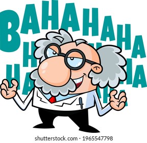 Evil Science Professor Cartoon Character Laughing. Vector Hand Drawn Illustration Isolated On Transparent Background With Text